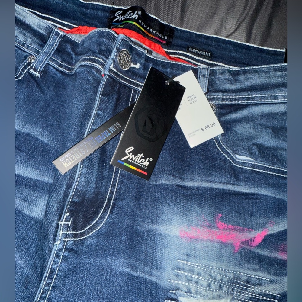 Men’s Slim Straight Jeans in Blue with Pink Accent